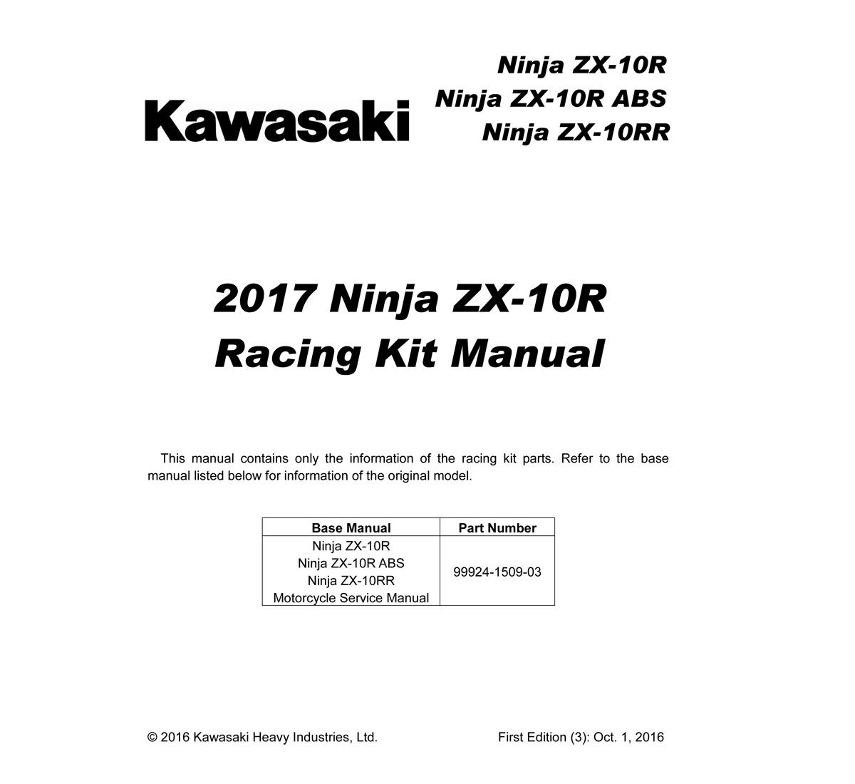 Ninja® ZX™-10R KRT Edition Race Kit Parts Manual | Kawasaki Motors 
