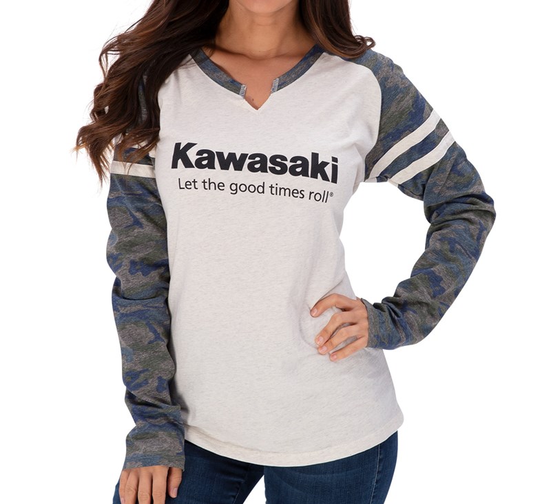 Women's Kawasaki Let the Good Times Roll® Vintage Camo Natural Long Sleeve Tee detail photo 2