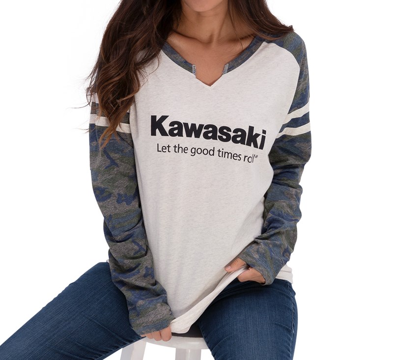 Women's Kawasaki Let the Good Times Roll® Vintage Camo Natural Long Sleeve Tee detail photo 3