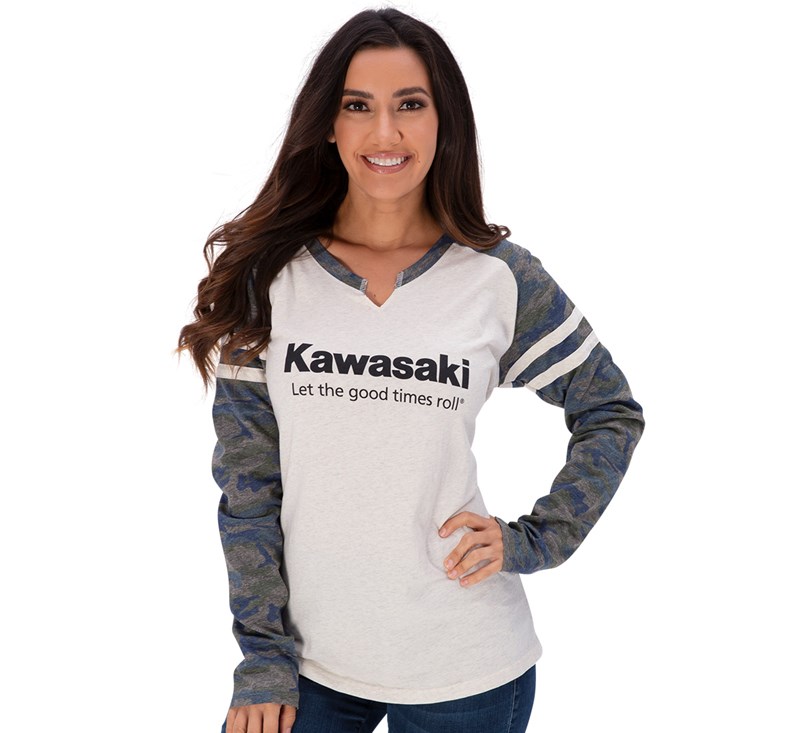 Women's Kawasaki Let the Good Times Roll® Vintage Camo Natural Long Sleeve Tee detail photo 4