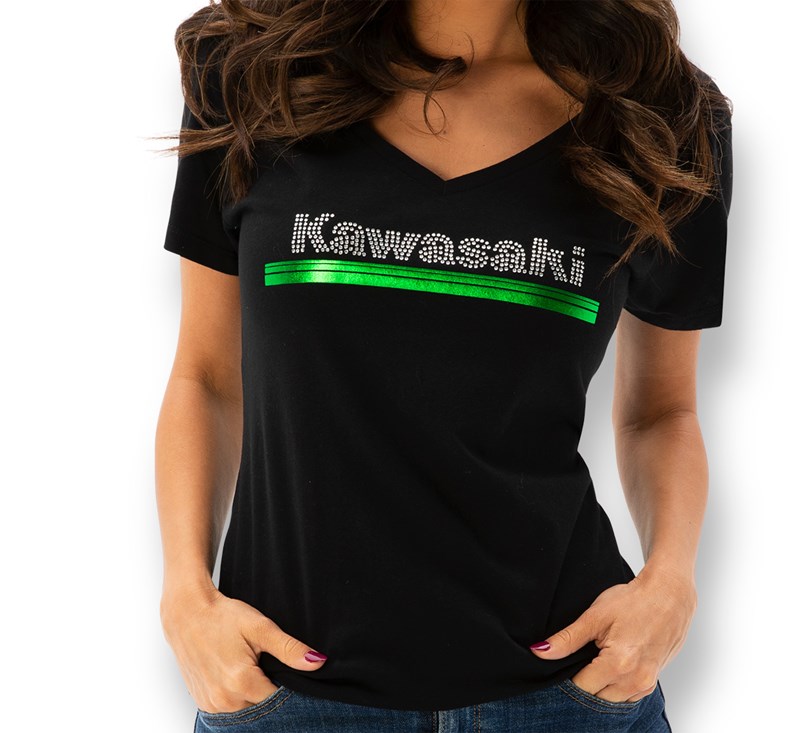 Women's Kawasaki 3 Green Lines Rhinestone V-Neck Tee detail photo 1