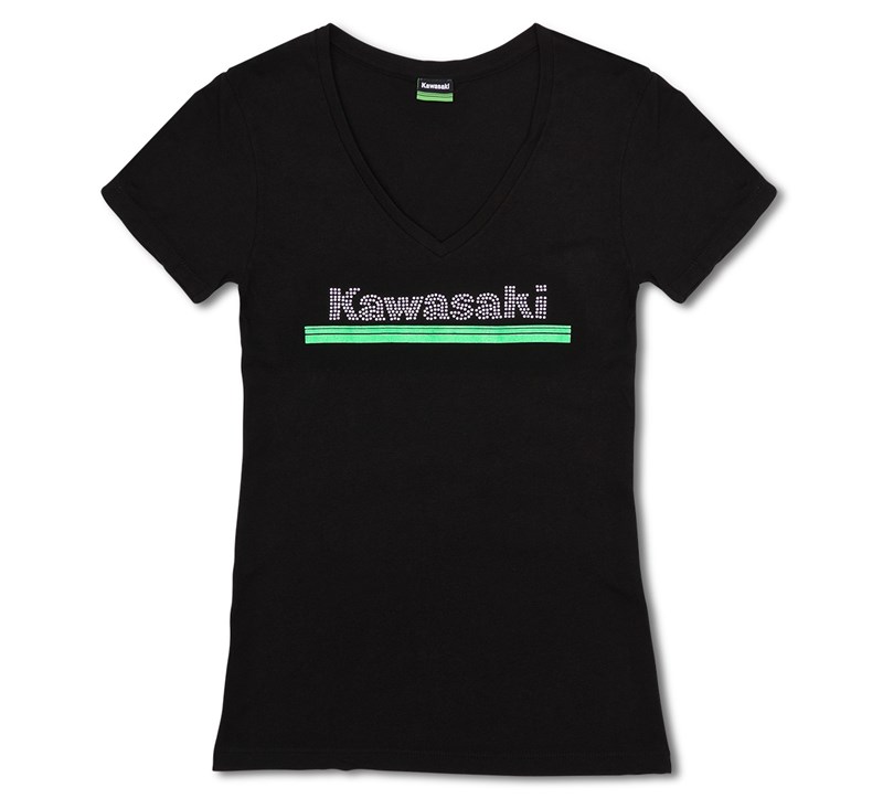 Women's Kawasaki 3 Green Lines Rhinestone V-Neck Tee detail photo 3